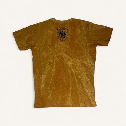 Maglietta unisex color ocra effetto vintage con stampa frontale volto astratto a mosaico multicolore, retro