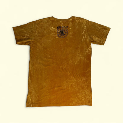 T-shirt unisex gialla effetto stonewash con grande stampa frontale del Buddha sorridente colorato, retro.