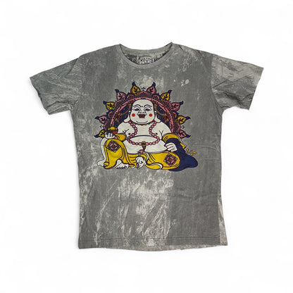 T-shirt unisex grigia effetto stonewash con grande stampa frontale del Buddha sorridente colorato.