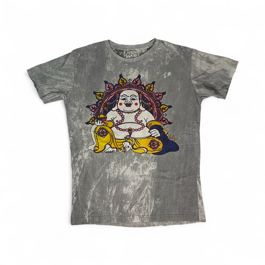 T-shirt unisex grigia effetto stonewash con grande stampa frontale del Buddha sorridente colorato.