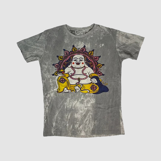 T-shirt unisex “Buddha Sorridente” — stampa frontale su cotone effetto stonewash - ql maglie