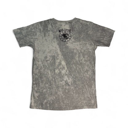 T-shirt unisex grigia effetto stonewash con grande stampa frontale del Buddha sorridente colorato,retro.