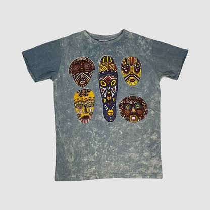 T-shirt Unisex “Tribal Faces” – Maschere Tribali | Effetto Washed Blu - ql maglie