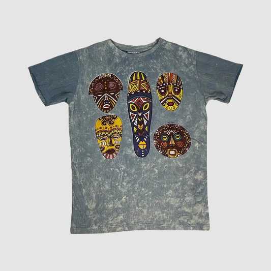 T-shirt Unisex “Tribal Faces” – Maschere Tribali | Effetto Washed Blu - ql maglie