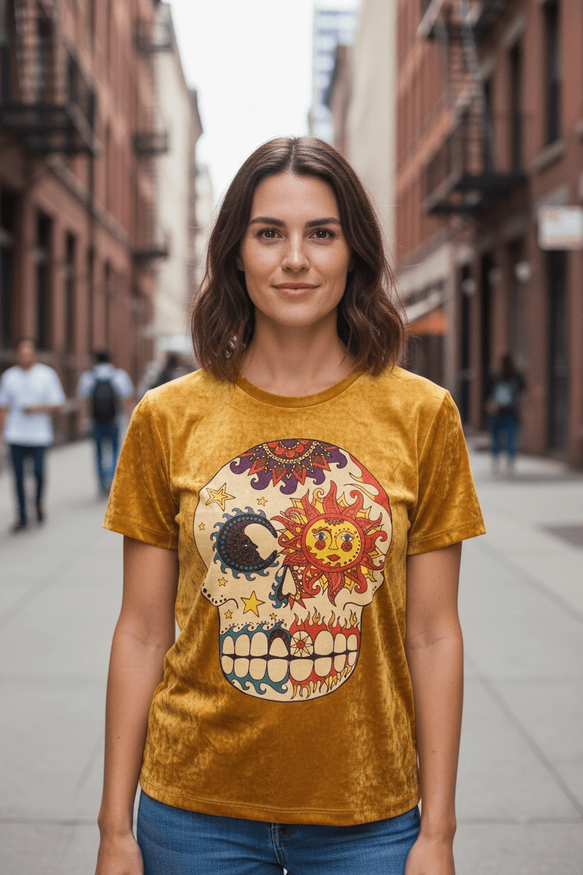 Donna che indossa t-shirt gialla vintage con grafica teschio sole e luna in contesto urbano