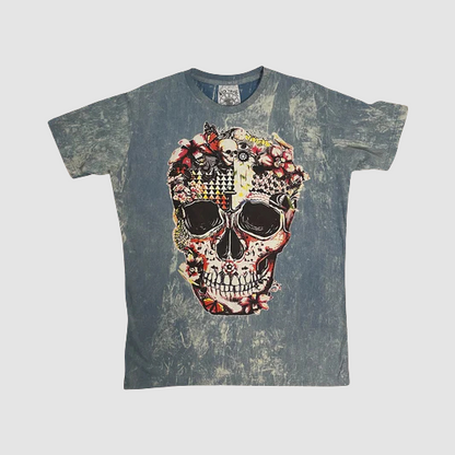 Maglietta “Floral Skull” , T-shirt stonewash blu con grande stampa teschio floreale, marca ql maglie