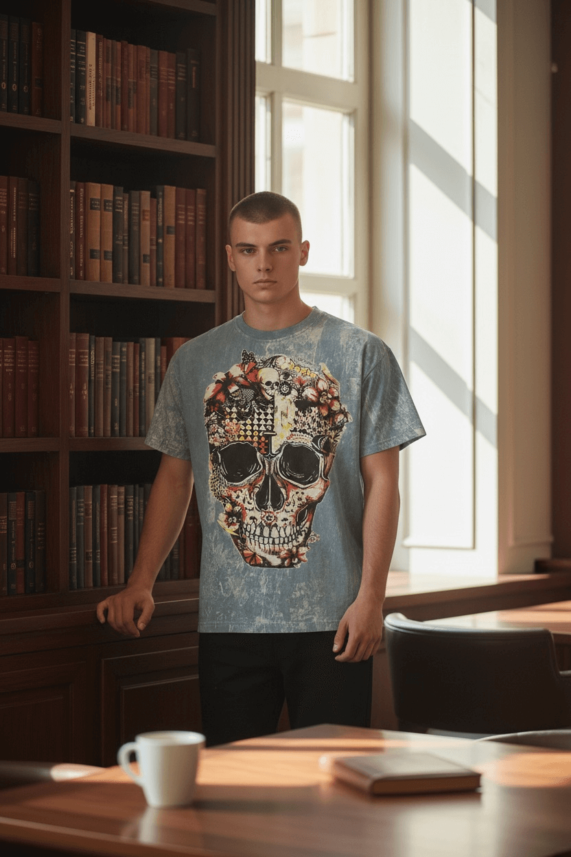 T-shirt stonewash blu con grande stampa teschio decorato da fiori e pattern artistici — maglietta unisex, on model2.