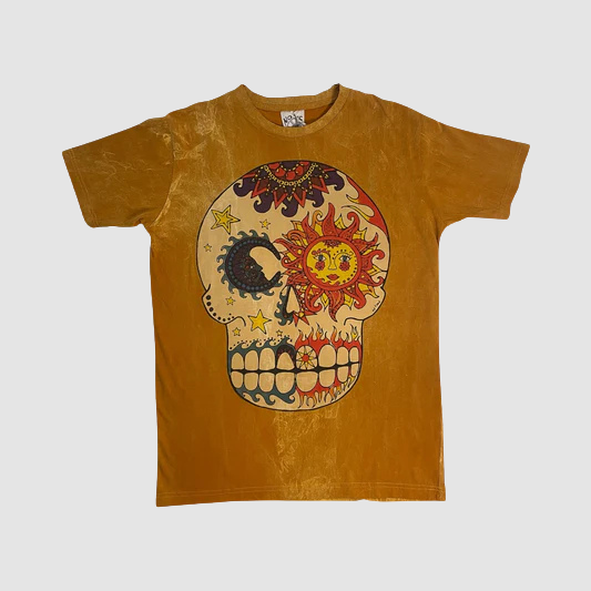 Maglietta “Sun & Moon Skull”,  T-shirt ocra stonewash con teschio decorato, marca ql maglie
