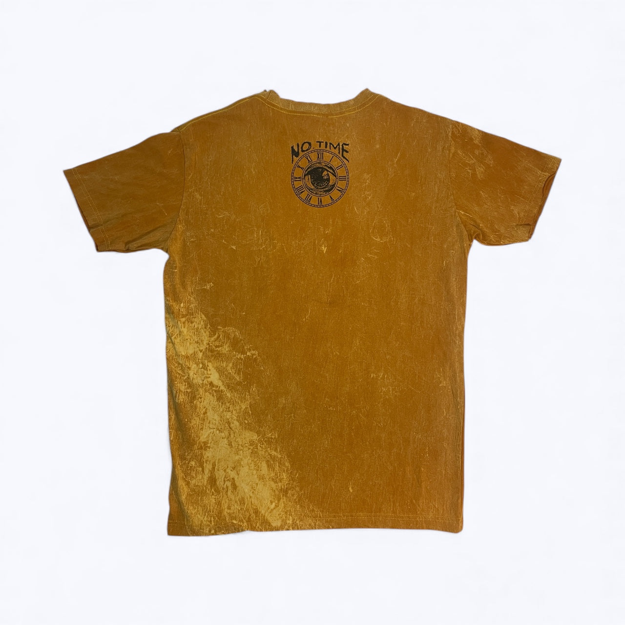 T-shirt ocra stonewash con grande stampa teschio decorato “Sun & Moon” (sole e luna) — maglietta unisex, retro.