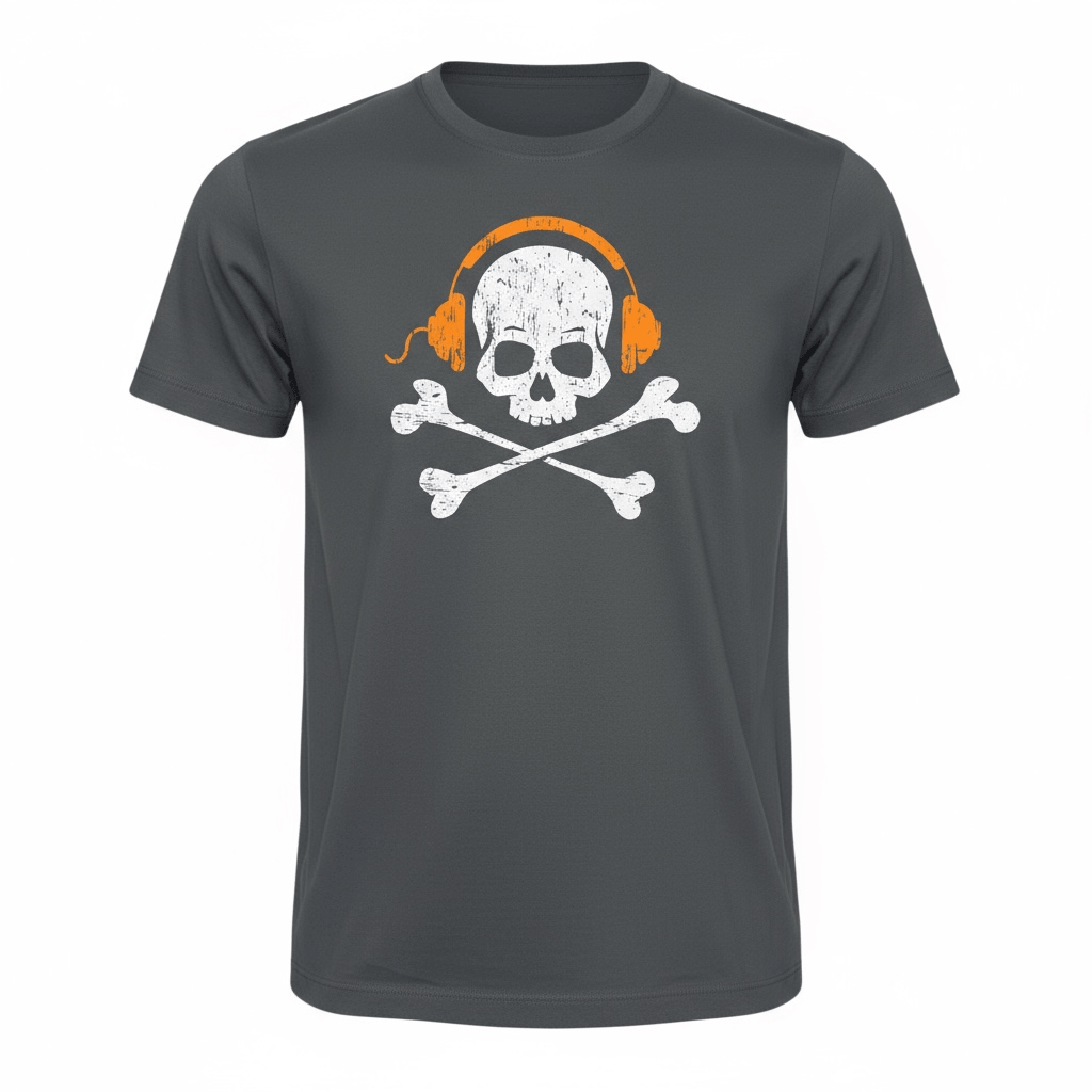 T-shirt uomo grigia con stampa teschio e cuffie arancioni stile rock streetwear