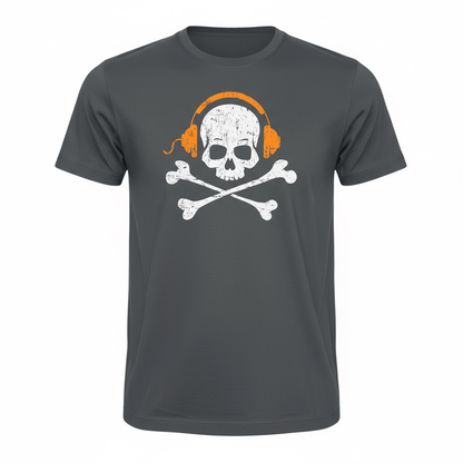 T-shirt uomo grigia con stampa teschio e cuffie arancioni stile rock streetwear